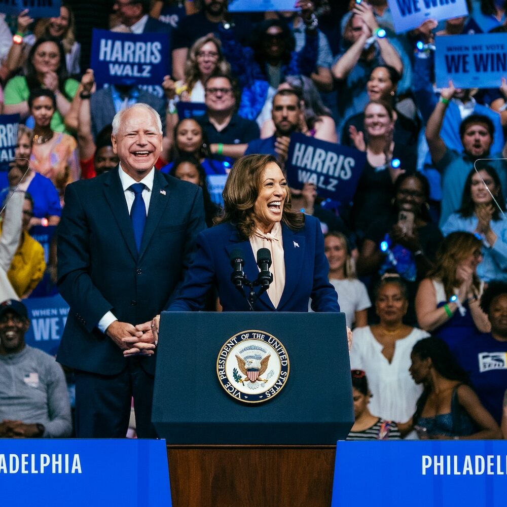 Vice President Kamala Harris introduces her running mate, Minnesota Governor Tim Walz, during a campaign rally at the Liacouras Center at Temple University, Tuesday, August 6, 2024, in Philadelphia, Pennsylvania. (Kit Karzen/Harris for President)